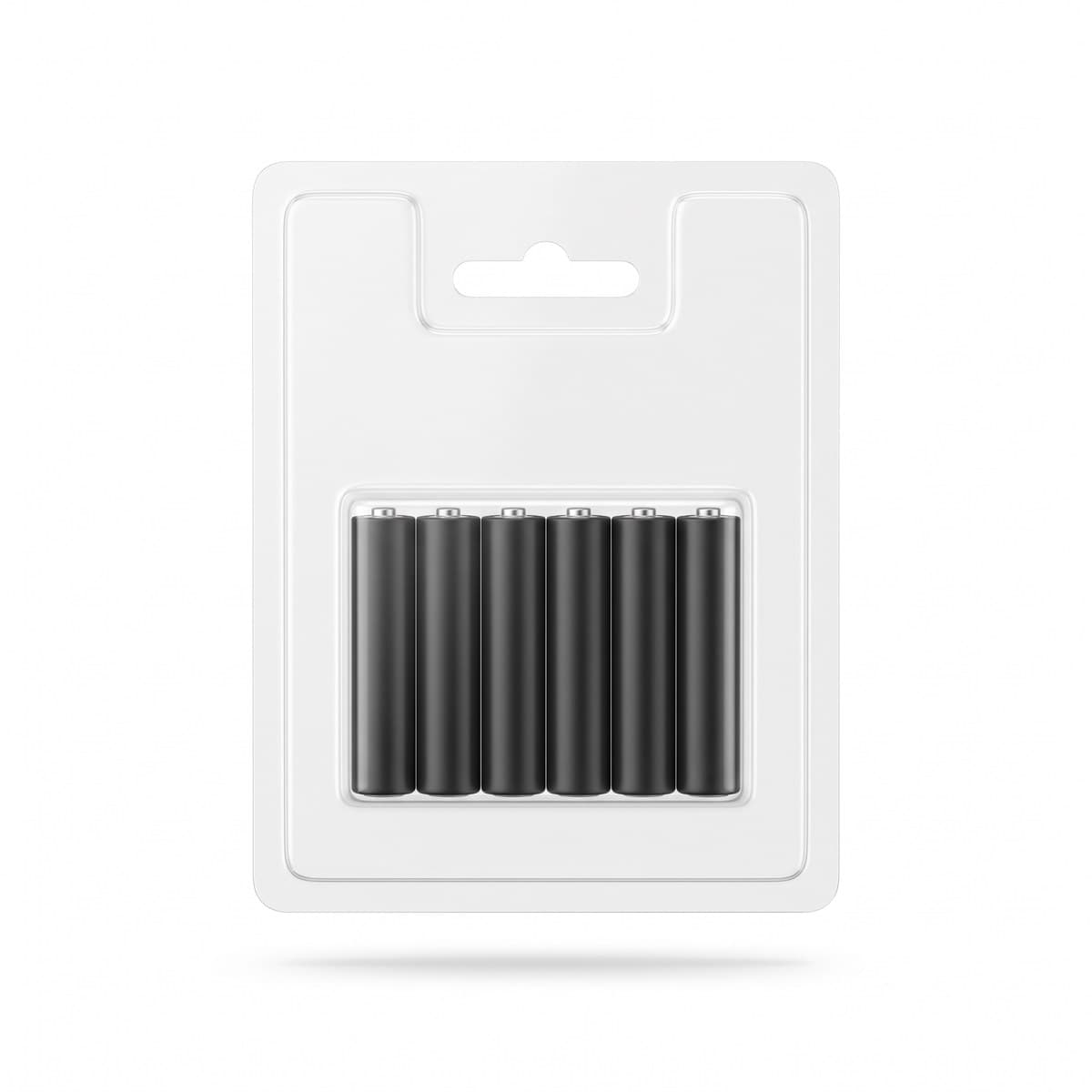 Eight AAA alkaline batteries on a blister card