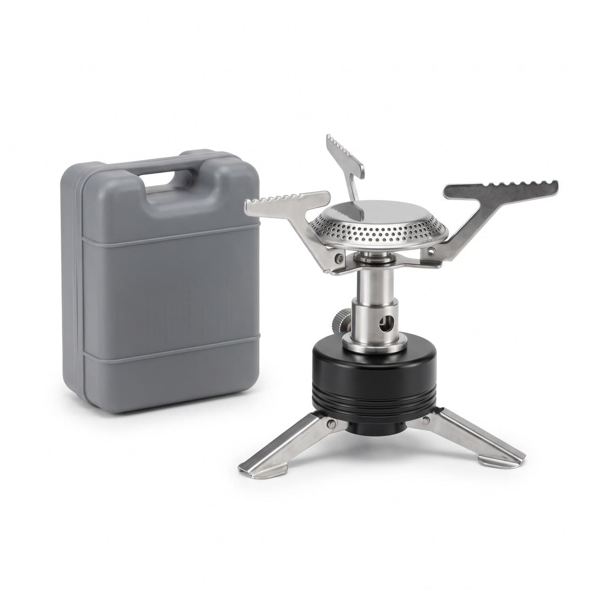 A small silver and black canister-top camp stove with its three pot supports folded open, beside its plastic case