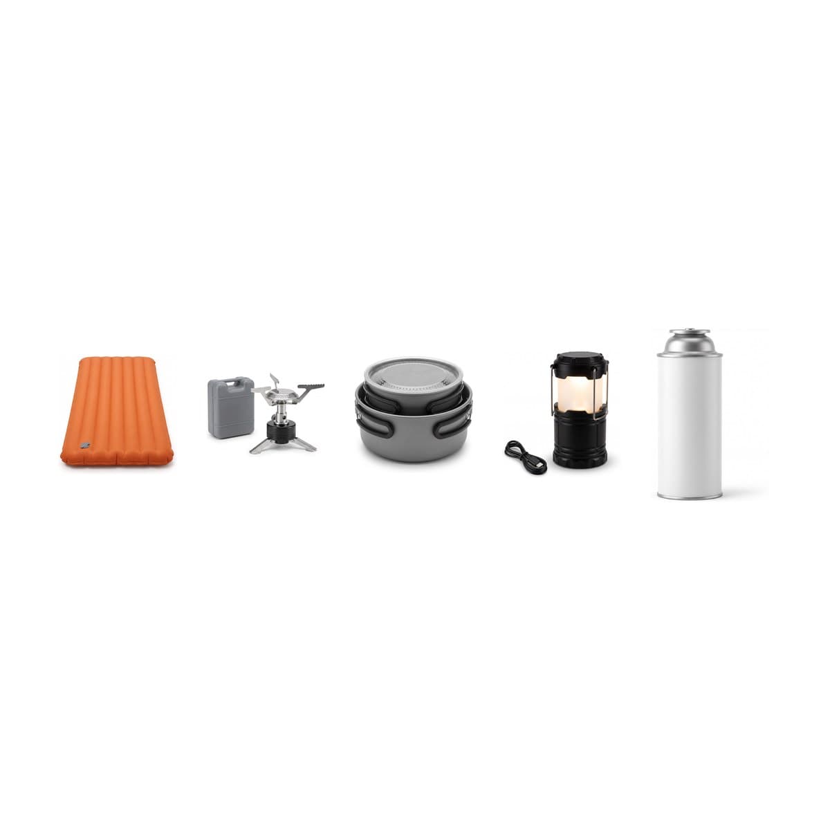 The pieces of the Overnight Camp Kit together: a sleeping pad, a canister stove, a two-pot cookset, a lantern and a fuel canister