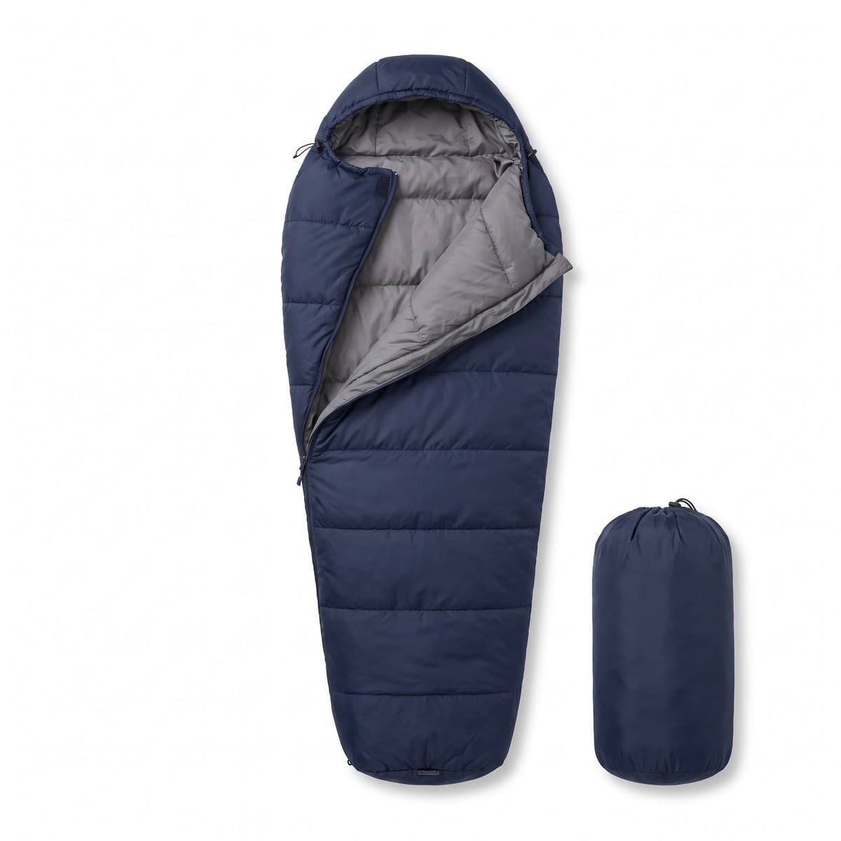 A navy mummy sleeping bag with a grey lining, a drawcord hood and a full-length zip, partly unzipped, with its stuff sack beside it