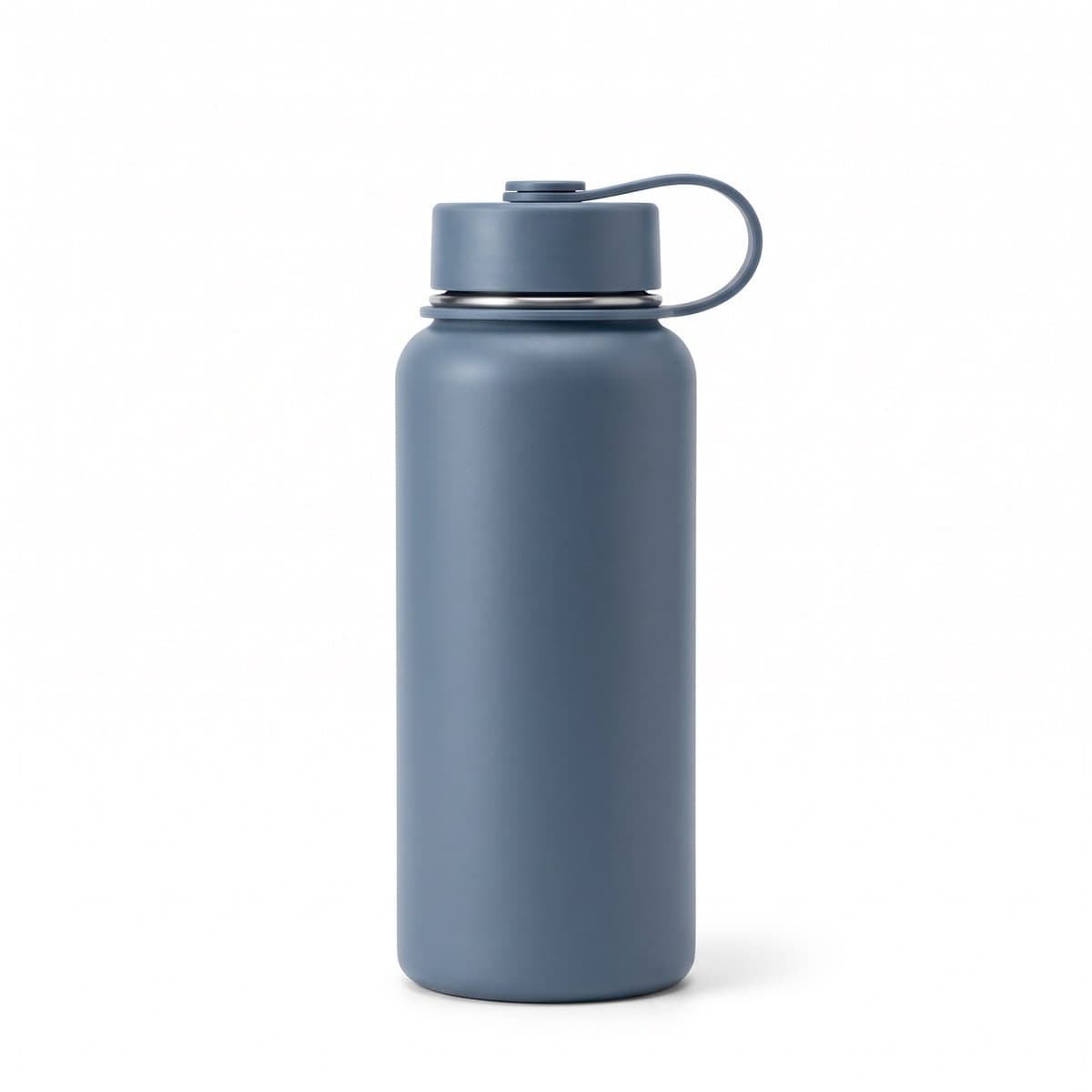 A slate blue single-wall stainless steel water bottle with a wide mouth and a screw lid with a folding loop