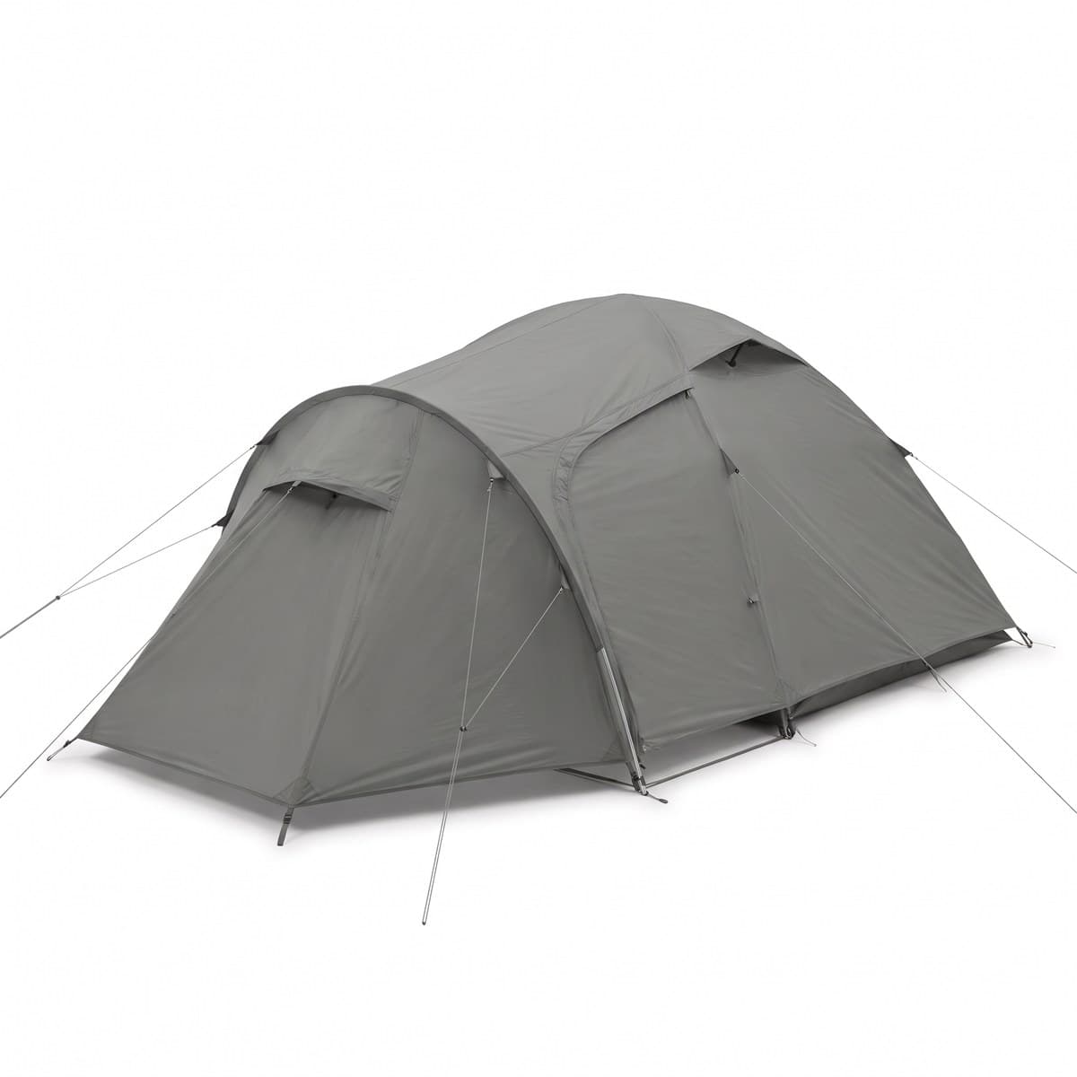 A grey two-person backpacking tent pitched with its rainfly and two vestibules, with aluminium poles and guy lines