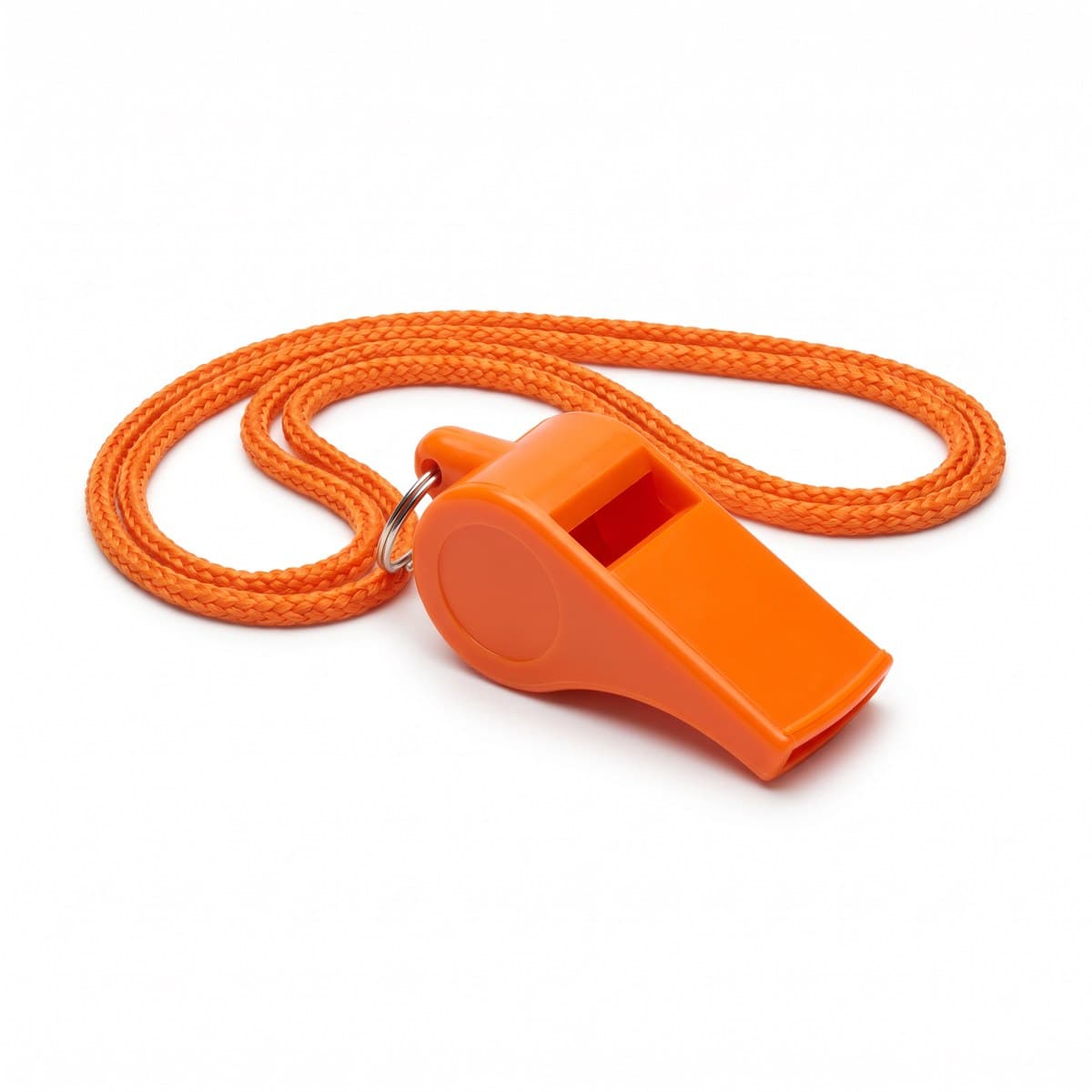 A flat safety-orange pealess whistle on a breakaway cord lanyard