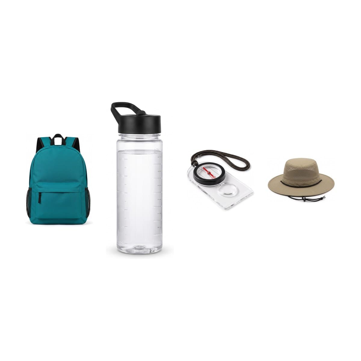 The pieces of the Day Hike Kit together: a daypack, a clear water bottle, a baseplate compass and a brimmed hat
