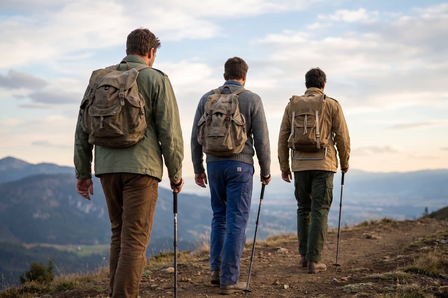 Three hikers walking single file along an open ridge trail under a wide sky, loaded packs on their backs, seen from behind
