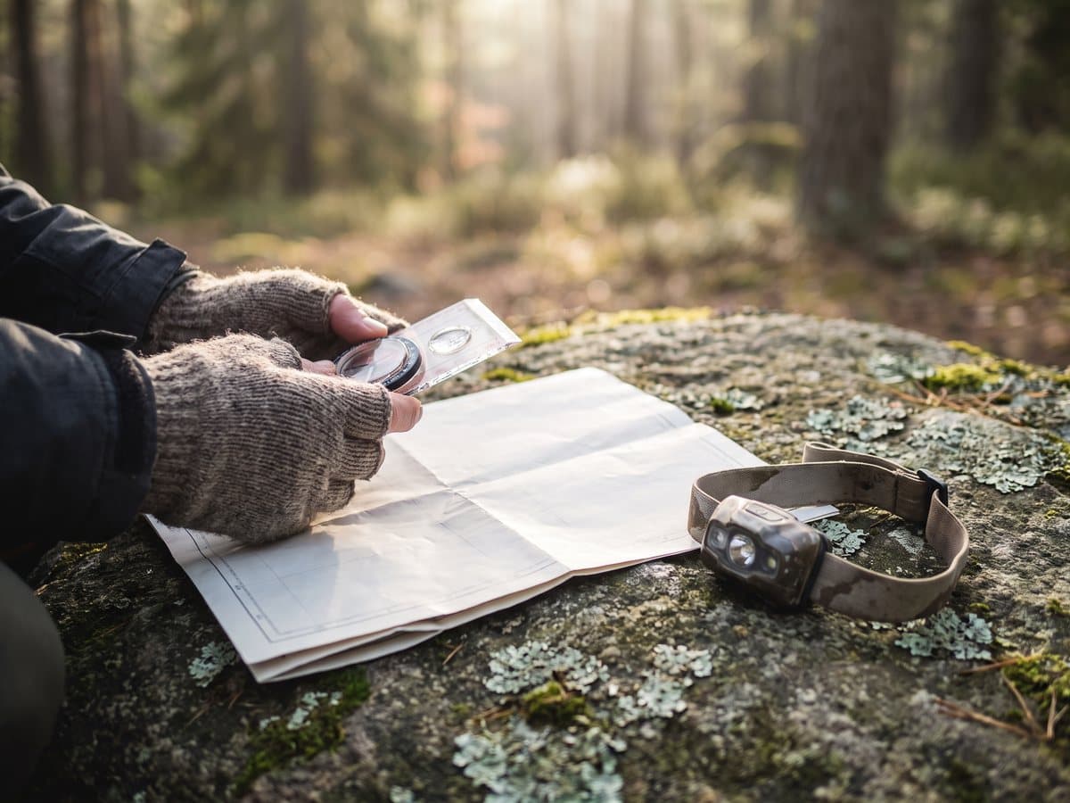 Hands holding a baseplate compass over an unfolded paper map on a flat rock, a headlamp resting beside them